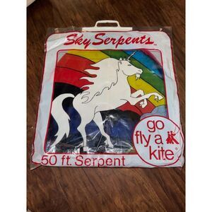 Vintage Go Fly A Kite Rainbow Unicorn Sky Serpents 50ft kite